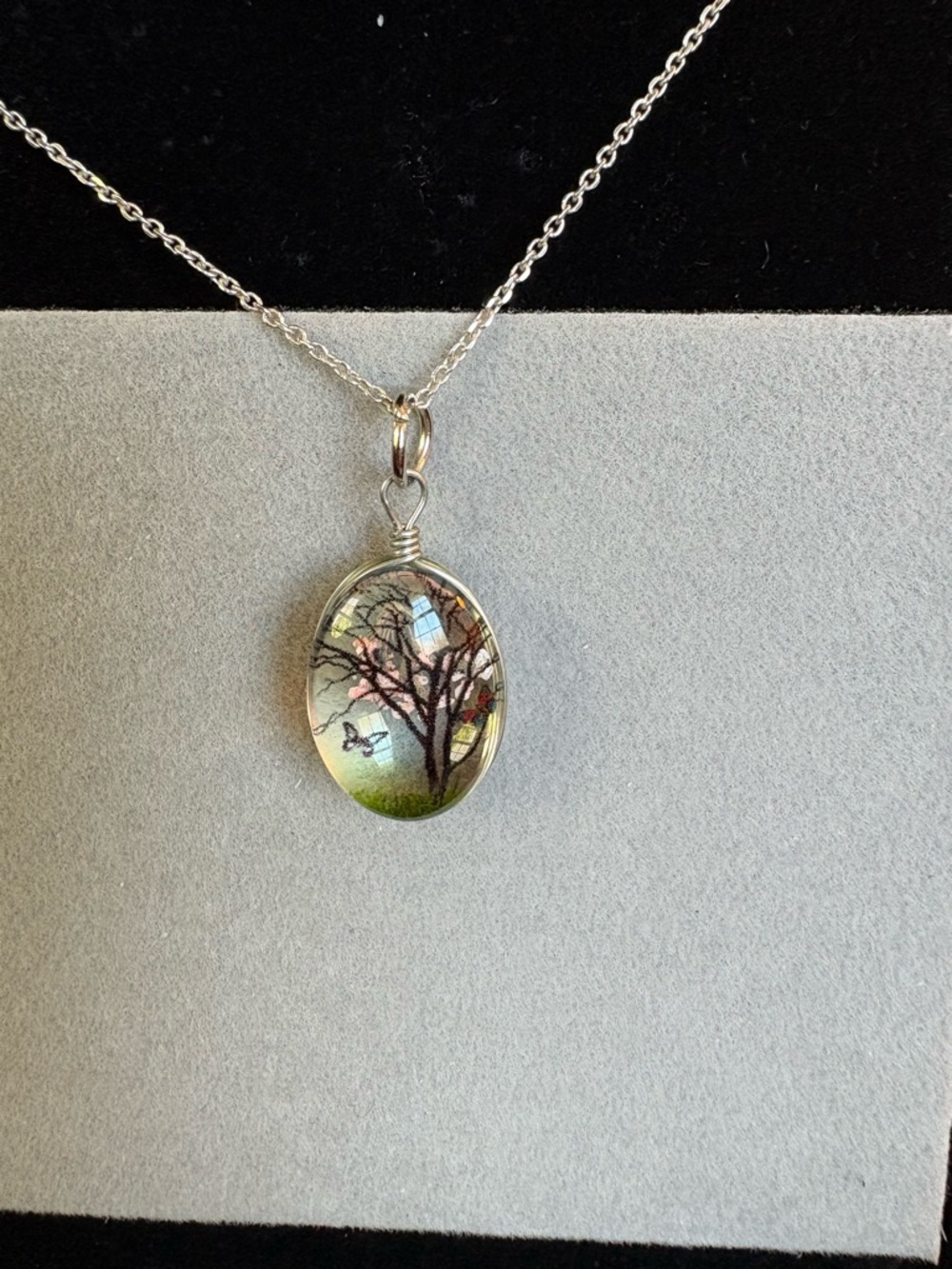 Sterling Silver Chain Tree & butterflies Oval Glass Pendant